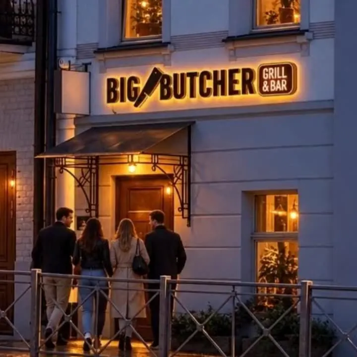 Огонь на стейке и повар у открытого гриля Big Butcher